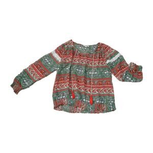 Umgee USA Boho Peasant Blouse S Smocked Hem Tassel Tie Long Sleeve Top Red Green